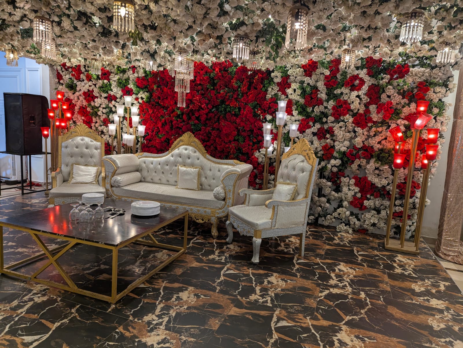 Stage lounge with crystal lamps and marble floor